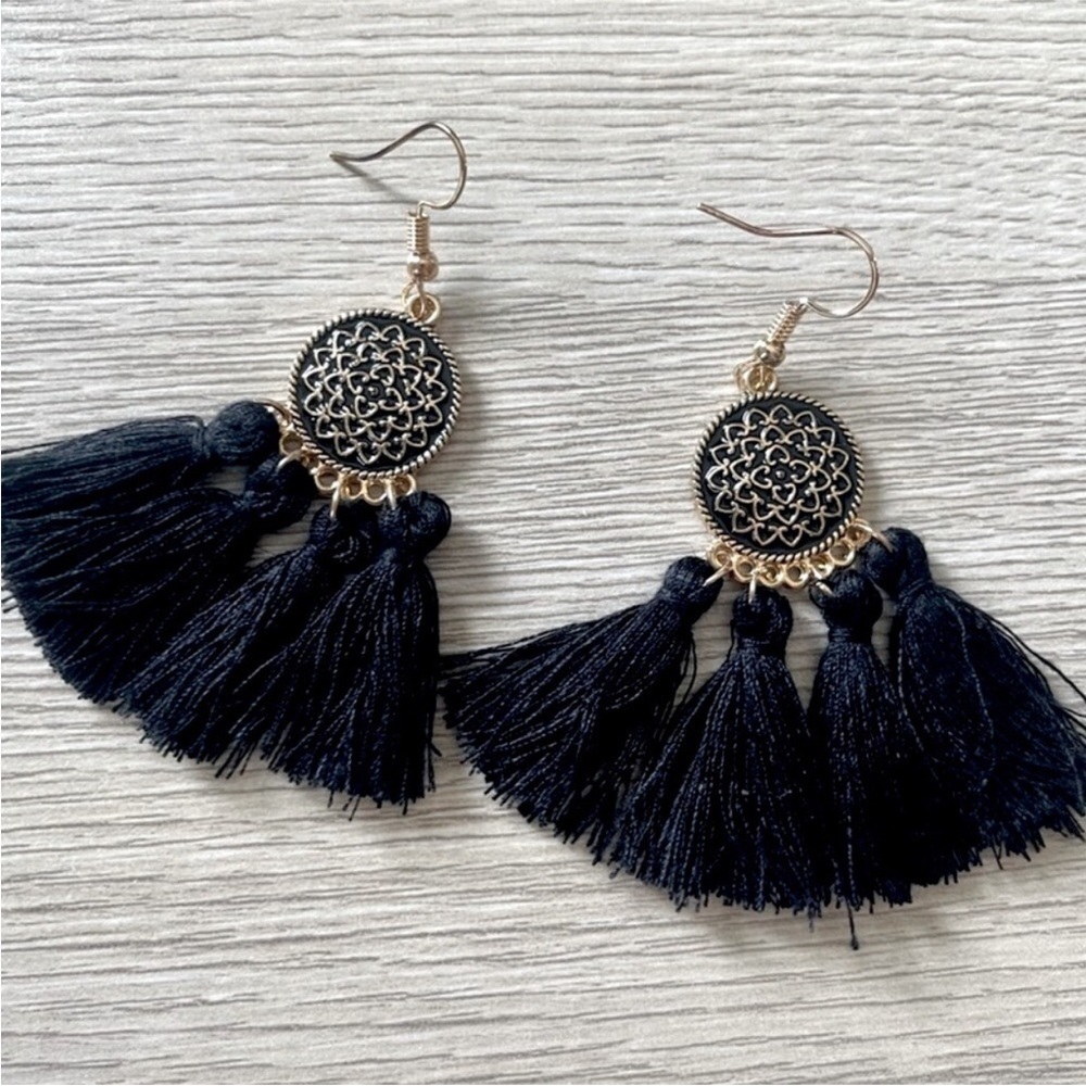 Gold & Black Fringe Bohemian Earrings
